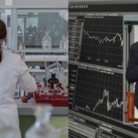 Scienziati al lavoro in laboratorio: laboratorio moderno, strumenti analitici e grafici scientifici su schermi nel contesto di ricerca e analisi.