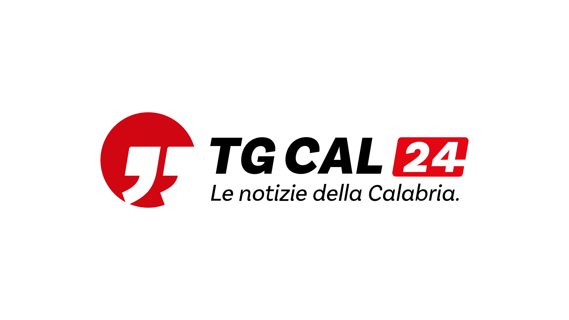 Logo TGCal24: cerchio rosso con spazio bianco, testo nero TG CAL 24 e motto Le notizie della Calabria in corsivo, sfondo bianco.