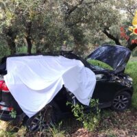 Auto incidentata parcheggiata tra gli alberi, telo bianco drappeggiato sul cofano e lato mentre la scena appare in un contesto boschivo.